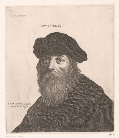 Pythagoraan muotokuva Pytagoras. (otsikko esineessä) Filosofien ja kuninkaiden rintakuvat (sarjan nimi) tekijältä Jerôme David (attributed to)