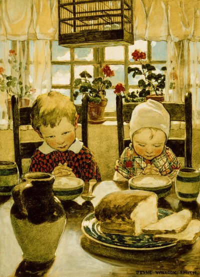 Rukoukset aamiaisella (akvarelli) tekijältä Jessie Willcox Smith