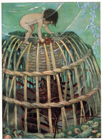 Tom ja hummeriruukku, kuvitus pastori Charles Kingsleyn teoksesta The Water Babies (värilitho) tekijältä Jessie Willcox Smith