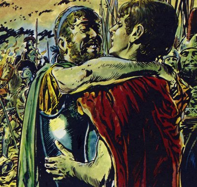 Aleksanteri liittyi isänsä seuraan taistelussa kreikkalaisia vastaan (värilitografia). tekijältä Jesus Blasco