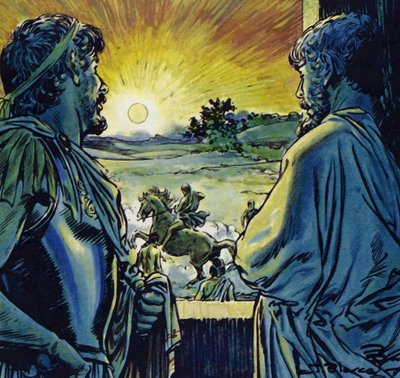 Aleksanteri pystyi ratsastamaan tulisella hevosella, Bukefaluksella (värilitografia). tekijältä Jesus Blasco
