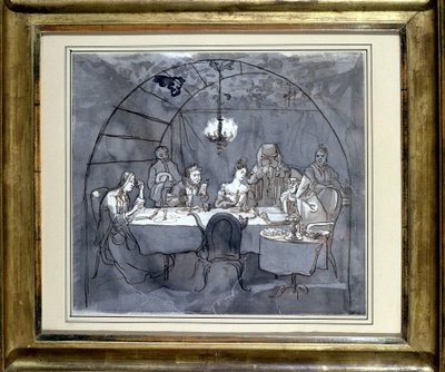 Moses Ulmannin perheen Fête des Cabanes ravintola Kasherissa. Piirustus paperille, kynäpesu 1831 35,5 x 31,3 cm. (JM 189) Jewish Museum Basel, Sveitsi. tekijältä Jewish School