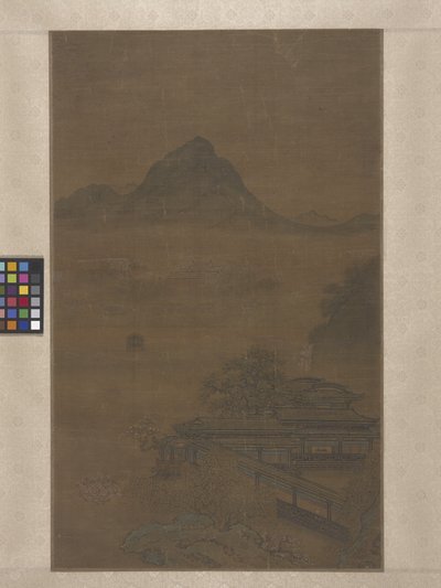 Palatial Pavilions In Spring Mists (muste, väri ja kulta silkillä) tekijältä Jiang Yuan