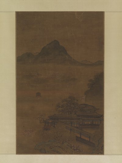 Palatial Pavilions In Spring Mists (muste, väri ja kulta silkillä) tekijältä Jiang Yuan
