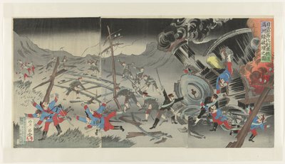 Rautatien tuhoutuminen Mantsuriassa Venäjän ja Japanin sodan aikana Nichiro Shiberia tetsudô Manshûsen hakai no zu (otsikko esineessä) tekijältä Jinsai Rosetsu