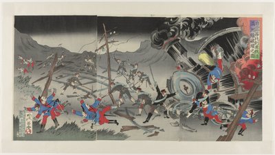 Rautatien tuhoutuminen Mantsuriassa Venäjän ja Japanin sodan aikana Nichiro Shiberia tetsudô Manshûsen hakai no zu (otsikko esineessä) tekijältä Jinsai Rosetsu