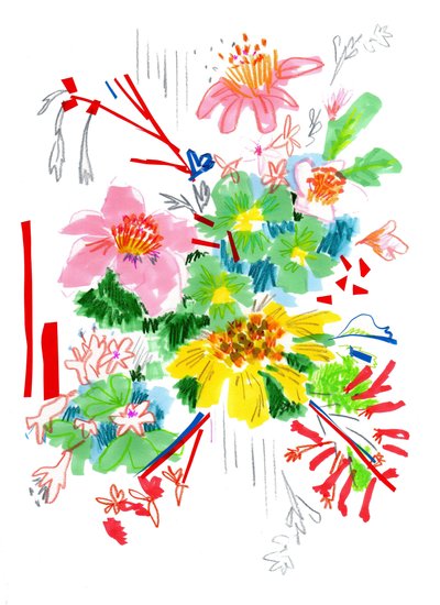 Floral Sketch 2, 2014 (kynä ja muste, kollaasi paperille) tekijältä Jo Chambers