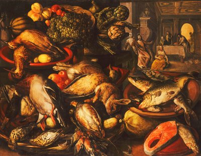 Riistaa, kalaa, hedelmiä ja vihanneksia koreissa ja kulhoissa ruokakomerossa, 1569 tekijältä Joachim Beuckelaer