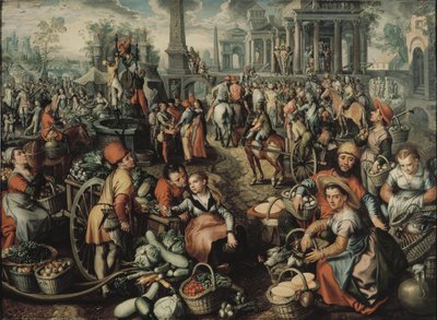 Markkinakohtaus: Ecce Homo, liputus ja ristin kantaminen, 1561 tekijältä Joachim Beuckelaer