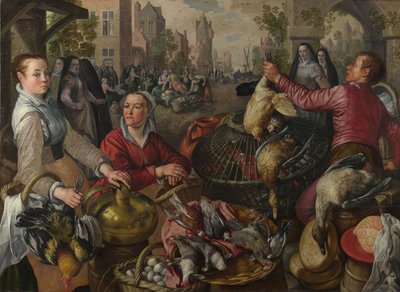 Neljä elementtiä: Siipikarjakoju kaupungissa, jonka takana on tuhlaajapoika - Ilman allegoria, 1569 tekijältä Joachim Beuckelaer