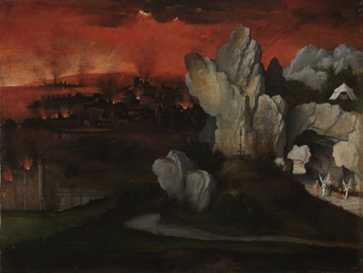Maisema Sodoman ja Gomorran tuhosta, n. 1520 tekijältä Joachim Patinir