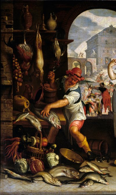 Yksityiskohta ”” Keittiökohtauksesta, jossa on vertaus juhlasta” Mies valmistaa kalaa. Joachim Wtewaelin (1556-1638) maalaus Sun. 0,63 x 1 m Pariisi, Musee du Louvre. tekijältä Joachim Wtewael or Utewael