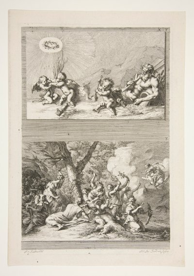 yläpuoli: Joenjumala ja Putti leikkimässä kuuluisuuden symboleilla alaosa: Amorin rangaistus tekijältä Joachim von Sandrart