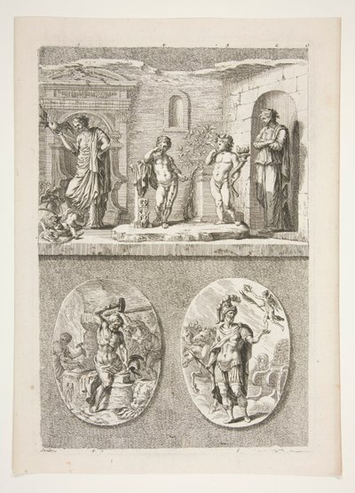 yläpuoli: Neljä antiikkipatsasta alaosa: Forge of Vulcan ja A Victorious Room General tekijältä Joachim von Sandrart