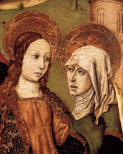 Vierailualttaritaulu, Neitsyt kohtaa Elisabetin, yksityiskohta, n. 1488-1516 (tempera puulla) tekijältä Joan Barcelo