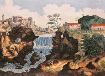 Aniene-vesiputous Tivolissa (Rooma), Italian ihmeiden kaupungista, Joan Blaeu, maalaus tekijältä Joan Blaeu
