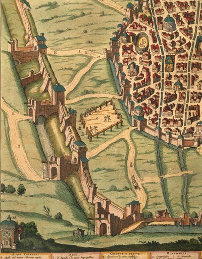 Bolognan kartta, Theatrum civitatum et admirandorum Italiae, yksityiskohta Joan Blaeu, kaiverrus tekijältä Joan Blaeu
