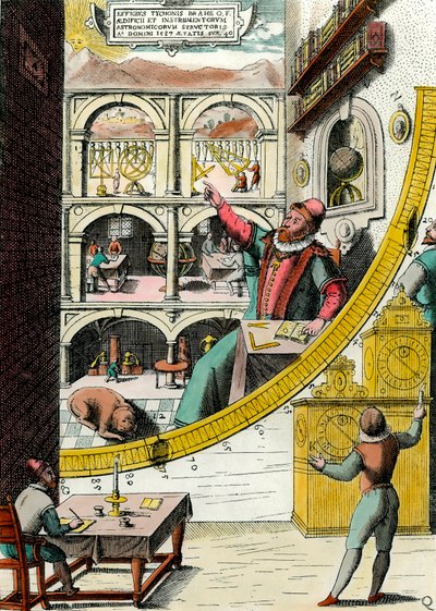 Tycho Brahen (1546-1601), tanskalaisen tähtitieteilijän, esitys observatoriossa. Kaiverrus Johannes Blaeun (1598-1673) "Atlas Major Ssive et cosmographia Blavania labore et sumptibus" -kirjasta. 17. vuosisata. Pariisi, koristetaide tekijältä Joan Blaeu
