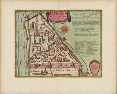 Moskovan Kremlin kartta 1500-luvulta (Castellum Urbis Moskvae), n. 1600 (kaiverrus ja akvarelli) tekijältä Joan Blaeu