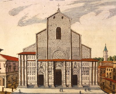 San Petronion basilika Bolognassa, kirjoittanut Joan Blaeu (1596-1673), print Theatrum Civitatum et Admirandorum Italiae, Italia tekijältä Joan Blaeu