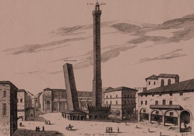 Kaksi tornia (Asinelli ja Garisenda), Bologna, Bologna, Emilia-Romagna, Italia, kuparikaiverrus, n. 21x29 cm tekijältä Joan Blaeu