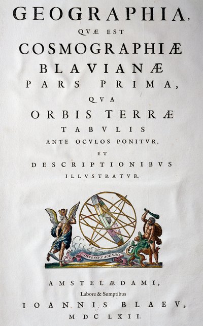 Osan I nimilehti, Atlas Maior, atlas 11 osassa, Joan Blaeu (1596-1673), kuparikaiverrus, 57,5x39 cm, Amsterdam tekijältä Joan Blaeu