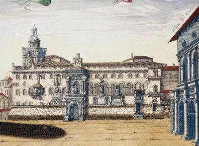 Näkymä Bolognan vanhalle aukiolle, Giacomo Lauron ja Joan Blaeun kaiverrus Theatrum civitatum et admirandorum Italiaesta, julkaistu Amsterdamissa vuonna 1663 tekijältä Joan Blaeu