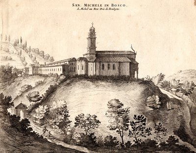 Näkymä San Michelestä Boscon luostarissa, Bologna, Emilia-Romagna, Italia, kuparikaiverrus, n. 21x29 cm tekijältä Joan Blaeu