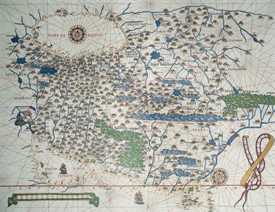 Aasian kartta, mukaan lukien Armenia, Iran, Afganistan, tuuliruusu, yksityiskohdat satamista, rannikoista ja merireiteistä, Atlas de Joan Martinesissa tekijältä Joan Martines