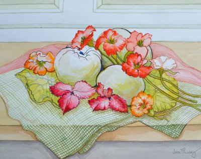 Omenat ja Nasturtium vihreällä ruutukankaalla (akvarelli) tekijältä Joan Thewsey