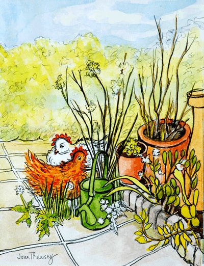 Kanat ja ruukut, Lucy Redman Open Garden, 2000, (kynä akvarellipesulla) tekijältä Joan Thewsey