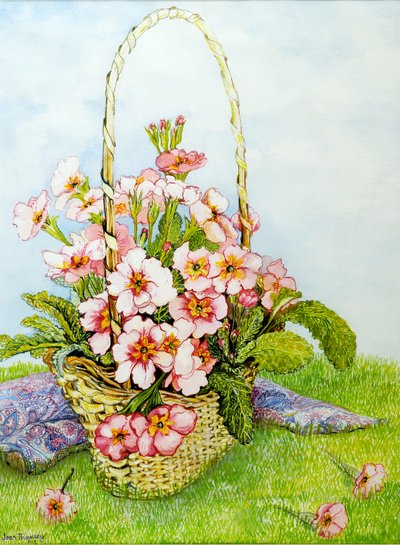 Vaaleanpunaiset esikot kukkakaupan korissa Paisley-huivin kanssa, 2010, akvarelli tekijältä Joan Thewsey
