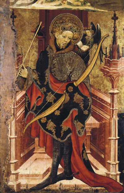 São Sebastião e Crucificação. c.1417-25 (têmpera sobre madeira) finlandês tekijältä Joan or Juan Mates