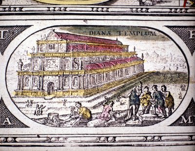 Esitys antiikin seitsemästä ihmeestä: Dianan temppeli (Artemis) Efesoksessa. Amsterdamissa 1630 painettu Jansson Jannsoniuksen atlas. Yksityiskokoelma. tekijältä Joannes Jansson