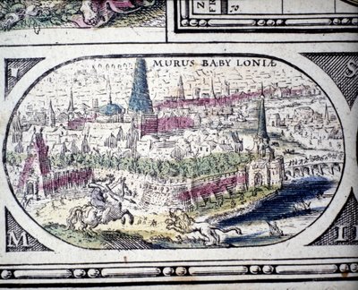 Esitys antiikin seitsemästä ihmeestä: Babylonin puutarhat. Jansson Jannsoniuksen Atlasissa, joka painettiin Amsterdamissa vuonna 1630 tekijältä Joannes Jansson