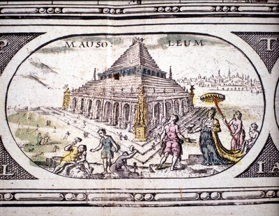 Esitys antiikin seitsemästä ihmeestä: Halikarnassoksen mausoleumi. Jansson Jannsoniuksen Atlas, painettu Amsterdamissa 1630. Yksityiskokoelma. tekijältä Joannes Jansson