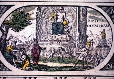 Esitys antiikin seitsemästä ihmeestä: Phidiaan Jupiterin (Zeuksen) patsas - Jansson Jannsoniuksen "Atlas", painettu Amsterdamissa vuonna 1630 tekijältä Joannes Jansson