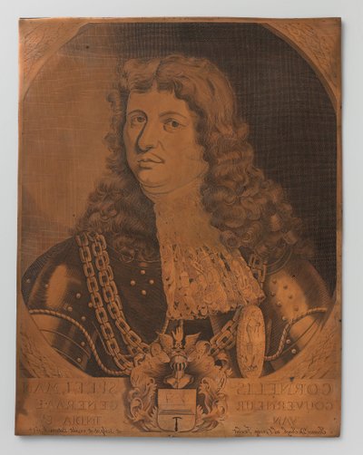 Kuparikaiverruslevy Cornelis Speelmanin muotokuvalla (rintakappale) 1640-1684, Hollannin Itä-Intian kenraalikuvernööri 1681-1684 tekijältä Joannes de Jongh