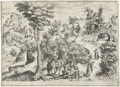 Maisema laupias samarialaisen kanssa tekijältä Joannes van Doetechum (I) (attributed to)