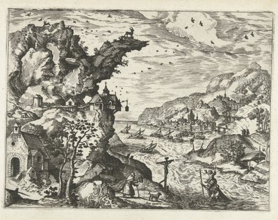 Maisema Pyhän Kristoferin kanssa Maisemat, merimaisemat ja mielikuvitukselliset kaupunkimaisemat (sarjan nimi) tekijältä Joannes van Doetechum (I) (attributed to)