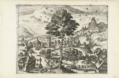 Maisema kaupungin kanssa joen varrella Maisemat, merimaisemat ja mielikuvitukselliset kaupunkimaisemat (sarjan nimi) tekijältä Joannes van Doetechum (I) (attributed to)