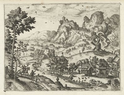 Maisema haukkametsästyksen kanssa Maisemat, merimaisemat ja mielikuvitukselliset kaupunkimaisemat (sarjan nimi) tekijältä Joannes van Doetechum (I) (attributed to)