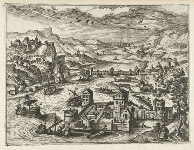 Jokimaisema ja vallihauta linna Maisemat, merimaisemat ja mielikuvitukselliset kaupunkimaisemat (sarjan nimi) tekijältä Joannes van Doetechum (I) (attributed to)