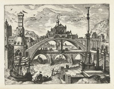 Kaupunki rakennettu silta Maisemat, merimaisemat ja mielikuvitukselliset kaupunkimaisemat (sarjan nimi) tekijältä Joannes van Doetechum (I) (attributed to)