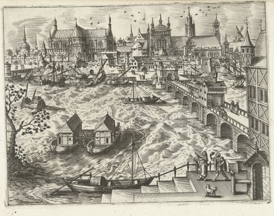Kaupunkikuva sillalla ja satamalla Maisemat, merimaisemat ja mielikuvitukselliset kaupunkimaisemat (sarjan nimi) tekijältä Joannes van Doetechum (I) (attributed to)