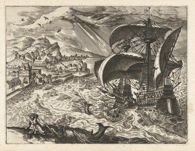 Merimaisema Joonan ja valaan kanssa Maisemat, merimaisemat ja mielikuvitukselliset kaupunkimaisemat (sarjan nimi) tekijältä Joannes van Doetechum (I) (attributed to)