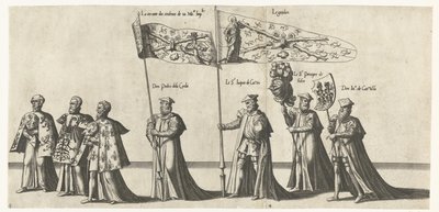 Deel van de optocht, nr. 3 in 4 Begrafenisoptocht van Keizer Karel V, 1558 (sarjan nimi) Upea ja ylellinen hautajaispumppu, joka esitettiin erittäin suuren ja erittäin voittajan keisari Charles Fifthin hautajaisissa ja hautajaisissa, joita juhlittiin Brun  tekijältä Joannes van Doetechum (I)