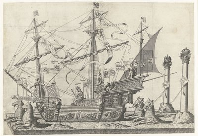 Laiva Victoria, nro 5 Keisari Kaarle V:n hautajaiskulkue, 1558 (sarjan nimi) tekijältä Joannes van Doetechum (I)