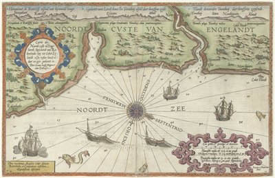 Kartta Englannin pohjoisrannikosta Newcastle upon Tynessa Caerte der Noordt custe van Englandt, alkaen Robinhodes baijista Cocket Eijlandtiin (...) (otsikko esineessä) tekijältä Joannes van Doetechum (I)