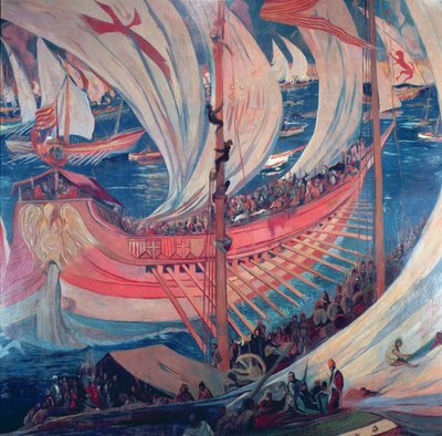 "Nau"-laiva, yksityiskohta kuvasta, joka edustaa Katalonian laajentumista Välimerellä 1200-luvulla (freskomaalaus) tekijältä Joaquin Mir Trinxet